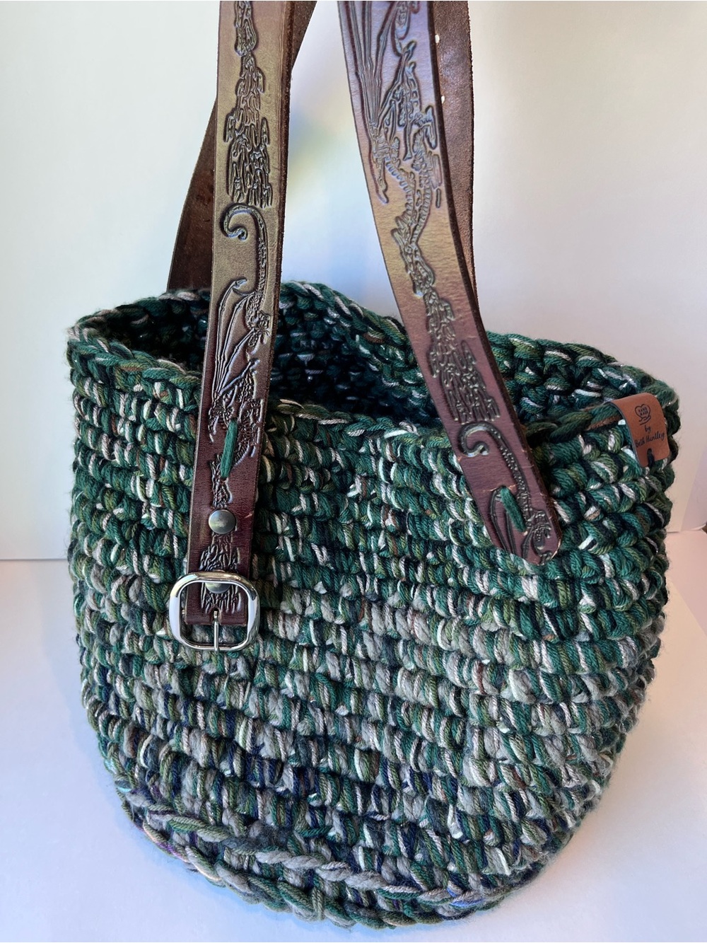 Handmade Crochet Extra Large Tote Bag Tooled Leather Belt Straps Upcycled